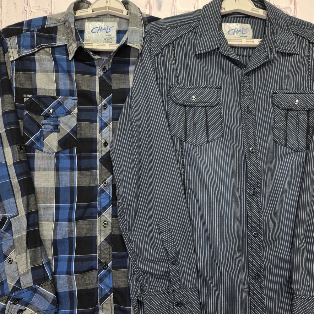 CHALC Mens Plaid Stripe Long Sleeve ButtonUp Shirt XL Large Casual Work Lot of 2
